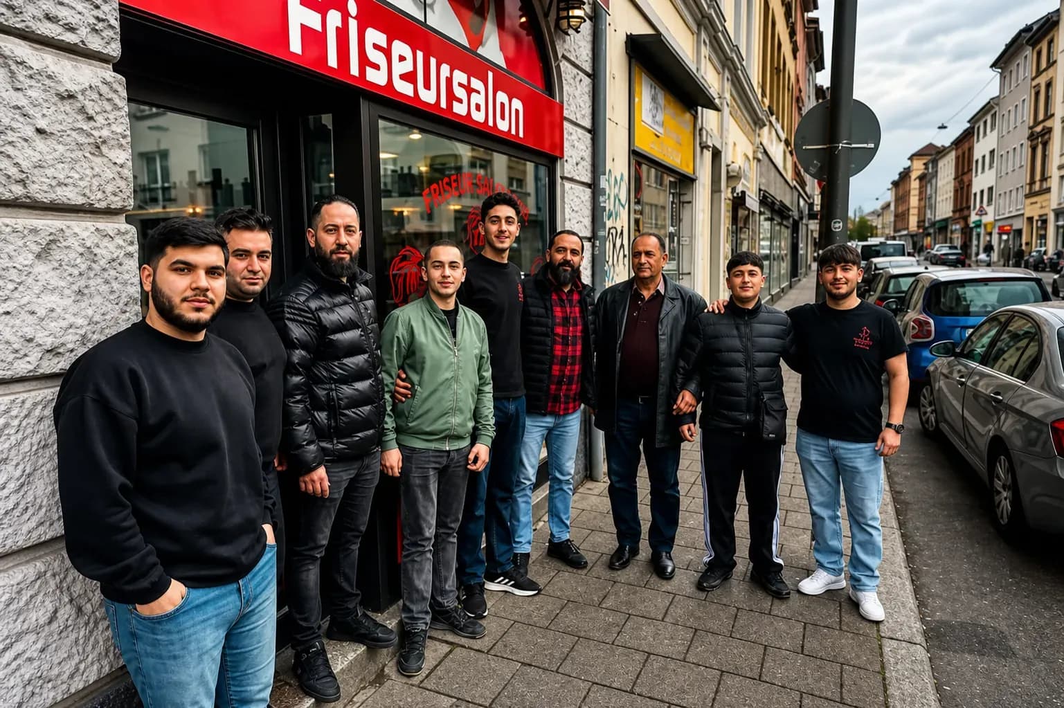 Arkadasch Friseur Team vor dem roten Friseursalon am Wilhelmplatz